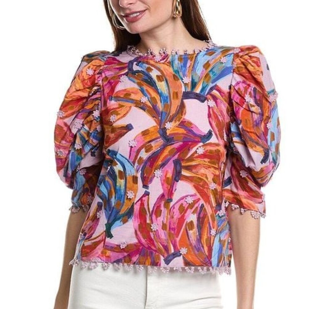 FARM Rio Pink Multicolor Puff-Sleeve Colored Bananas Print Blouse Large - Picture 2 of 11